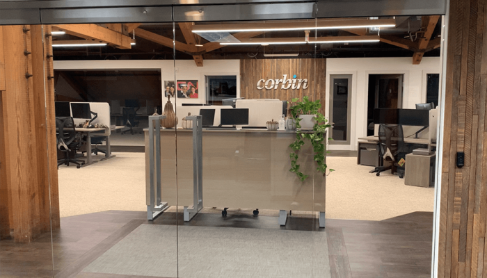 Grand Opening 2020 of the new Corbin Advisors headquarters in Farmington, CT: featuring the front entrance with the Corbin logo